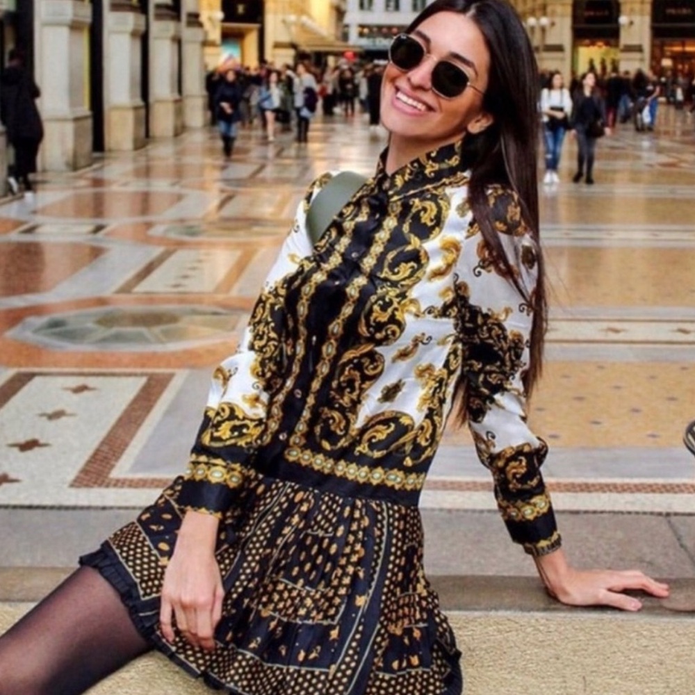 Zara Versace inspired Elegant Black and Gold Patterned Dress
